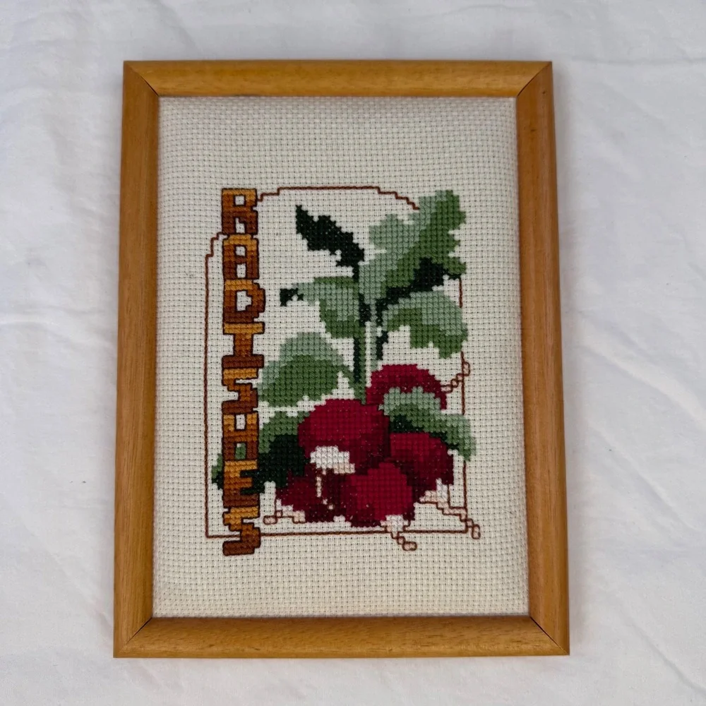 Vintage Radishes Cross Stitch Framed Wall Art Kitchen Decor Farmhouse 6x8